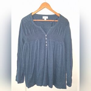 Style & Co Navy Smocked Blouse | Long Sleeve | L | Boho Peasant Top